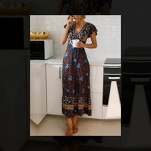 Load image into Gallery viewer, Temofon Women's Dresses Bohemian Floral Printed Summer Casual Short Sleeve Wrap V-Neck High Split Ethnic Maxi Dress