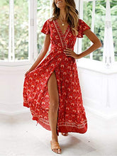 Load image into Gallery viewer, Temofon Women's Dresses Bohemian Floral Printed Summer Casual Short Sleeve Wrap V-Neck High Split Ethnic Maxi Dress