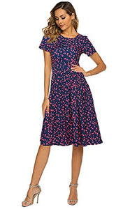 OURS Women's Summer Casual Floral Print Short Sleeve Flared Midi Dress