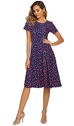 OURS Women's Summer Casual Floral Print Short Sleeve Flared Midi Dress