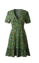 Load image into Gallery viewer, ECOWISH Womens Deep V Neck Floral Leopard Dress Short Sleeve Sexy Ruffles Fashion Mini Dress
