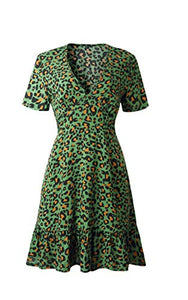 ECOWISH Womens Deep V Neck Floral Leopard Dress Short Sleeve Sexy Ruffles Fashion Mini Dress