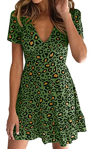 ECOWISH Womens Deep V Neck Floral Leopard Dress Short Sleeve Sexy Ruffles Fashion Mini Dress