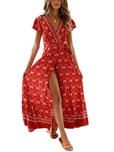 Temofon Women's Dresses Bohemian Floral Printed Summer Casual Short Sleeve Wrap V-Neck High Split Ethnic Maxi Dress