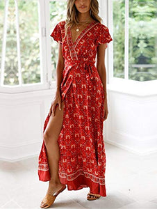 Temofon Women's Dresses Bohemian Floral Printed Summer Casual Short Sleeve Wrap V-Neck High Split Ethnic Maxi Dress