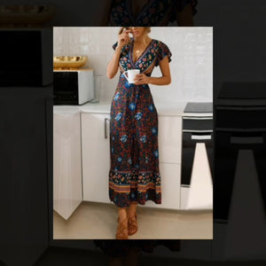 Temofon Women's Dresses Bohemian Floral Printed Summer Casual Short Sleeve Wrap V-Neck High Split Ethnic Maxi Dress