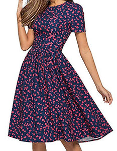 OURS Women's Summer Casual Floral Print Short Sleeve Flared Midi Dress