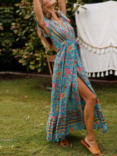 Load image into Gallery viewer, Temofon Women&#39;s Dresses Bohemian Floral Printed Summer Casual Short Sleeve Wrap V-Neck High Split Ethnic Maxi Dress
